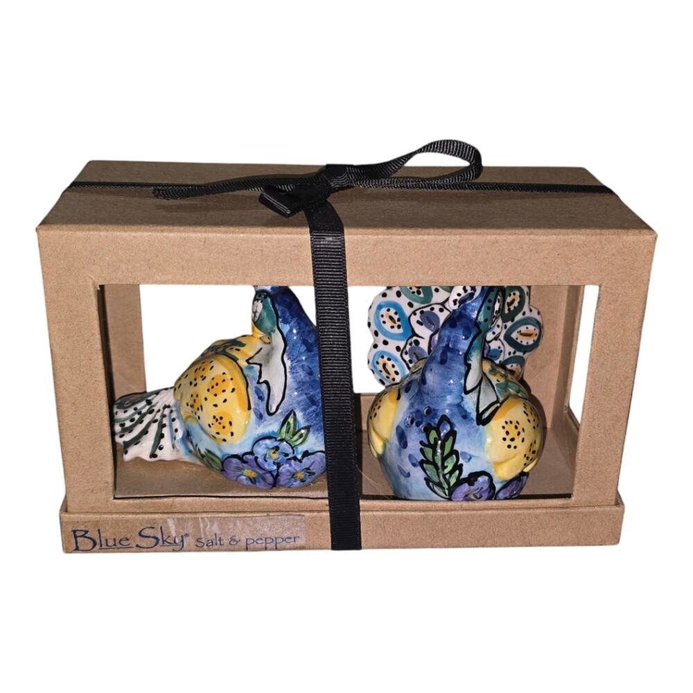 Blue Sky Peacock Ceramic Salt and Pepper Shakers Multicolor New - Picture 2 of 11